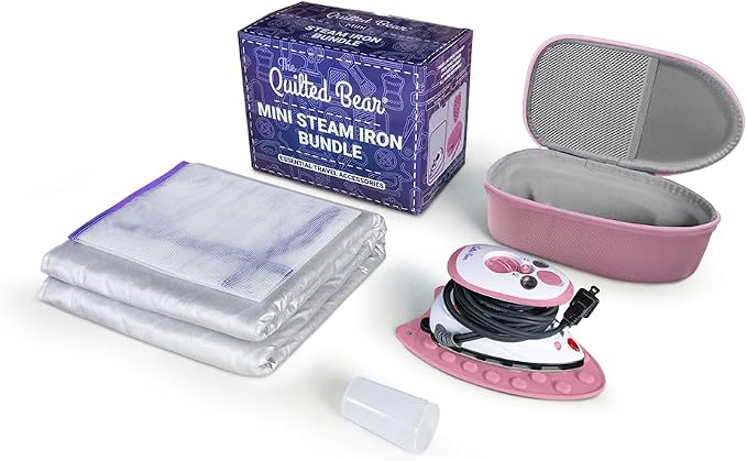 The Quilted Bear Mini Iron, Rest & Ironing Mat - Lightweight Mini Steam Iron with Hard Shell Travel Case, Rest & Ironing Mat - Travel Essentials for Wrinkle Free Clothes & Effortless Quilting (Pink)