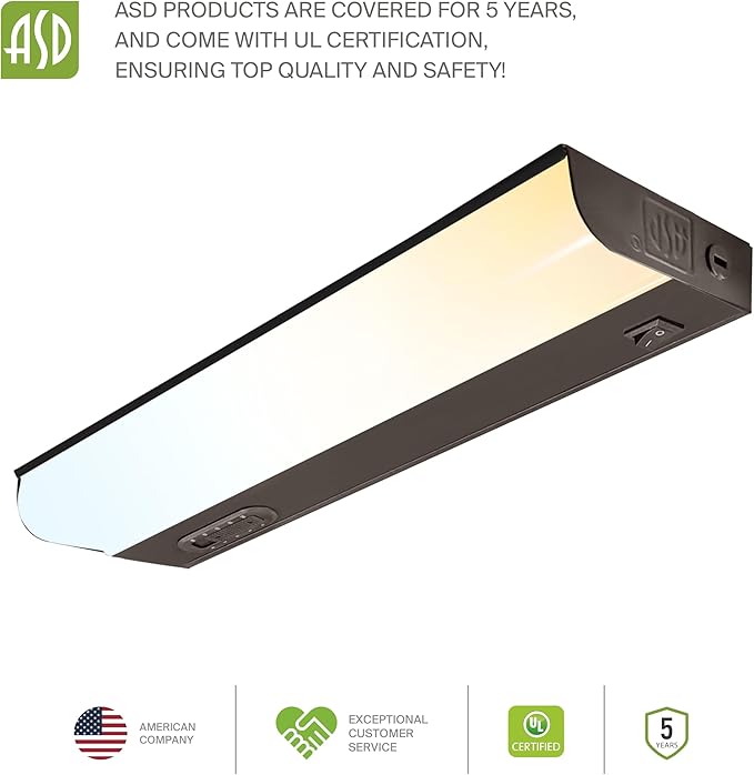 ASD LED Under Cabinet Lighting Hardwired, 12 Inch 5W 2700K-5000K Selectable, 442LM, CRI90+, Direct Wire Linkable Under Counter Lights for Kitchen, Dimmable Under Cabinet Lights, Bronze, UL, 20 Pack
