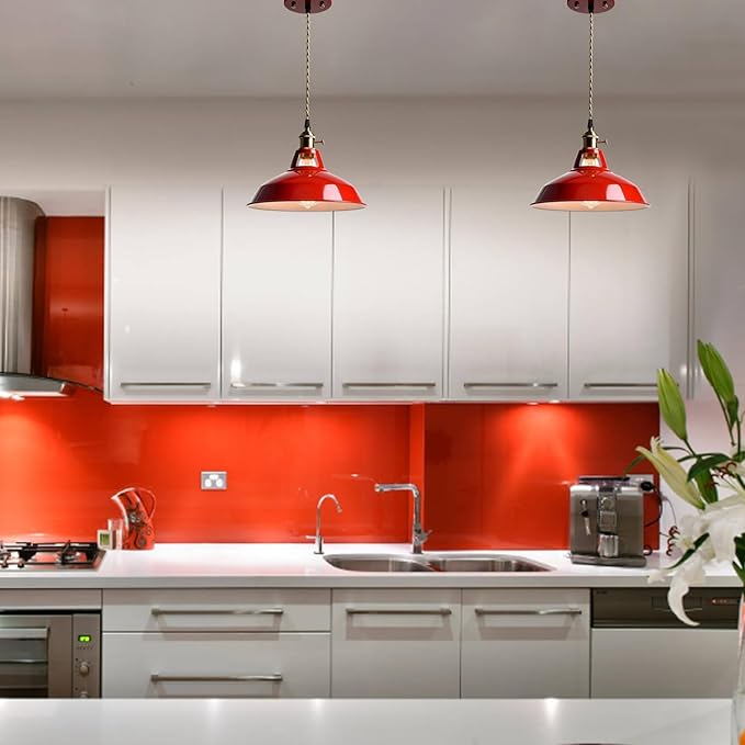 CLAXY Industrial Modern Pendant Light Kitchen Island Red Metal Barn Hanging Light Fixture Height Adjustable E26 Based Light for Kitchen, Loft, Dining, Foyer, Cafe, Bar