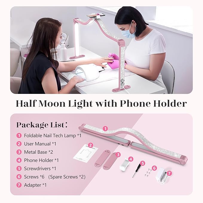 Yokilly Arc Half Moon Light: 34" Shadow-Free Half Moon Light for Desk Salon - Foldable LED Desk Lamp with Stepless Brightness for Manicurist (Rose Pink)