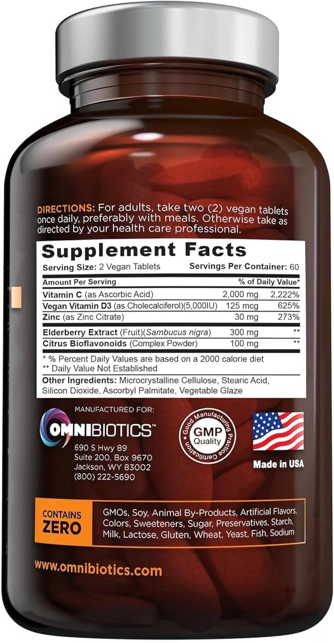 OmniBiotics アルティメット ビタミンC サプリメント 2000mg – 亜鉛、エルダーベリーエキス、D3配合 – 高効力免疫サポート&コラーゲンブースター – ビーガンタブレット120錠