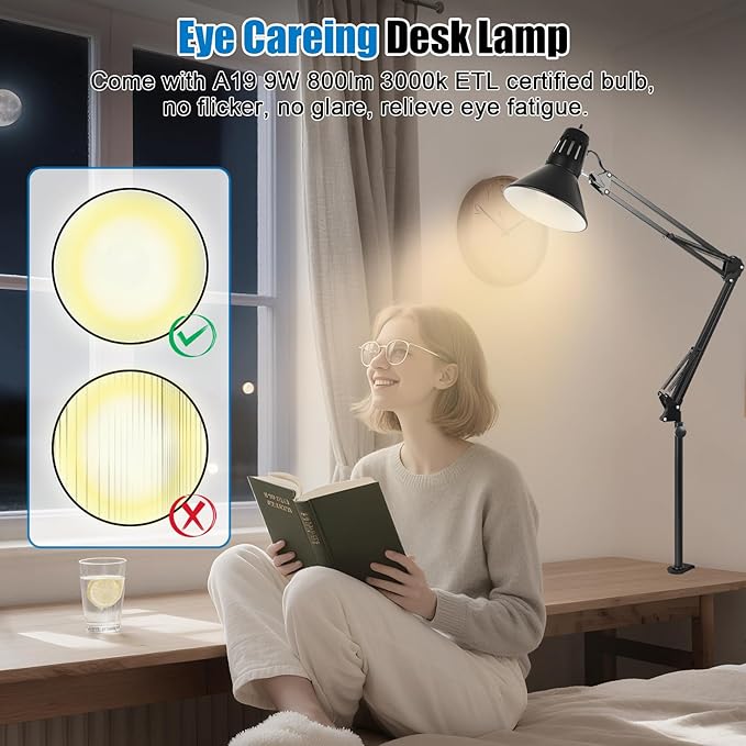 LED Clamp on Desk Lamp,360°Adjustable Swing Arm Desk Lamp,Clamp Light with Eye-Caring LED Bulb for Home Office Reading Drafting