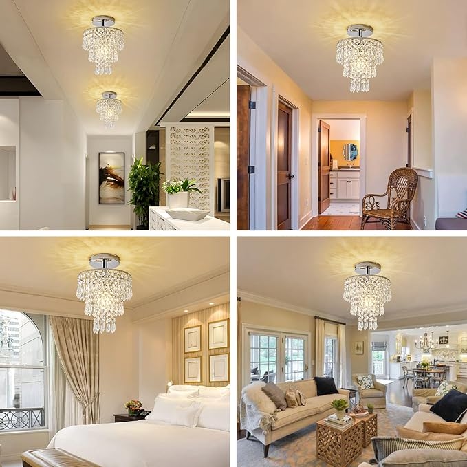 Small Crystal Chandelier, Flush Mount Ceiling Light with 3 Tiers Raindrops Crystal, E26 Base, Mini Chandelier, Ideal for Bedroom, Living Room, Hallway, Bar, Kitchen, Bathroom. D7.9"x H11" (Chrome)