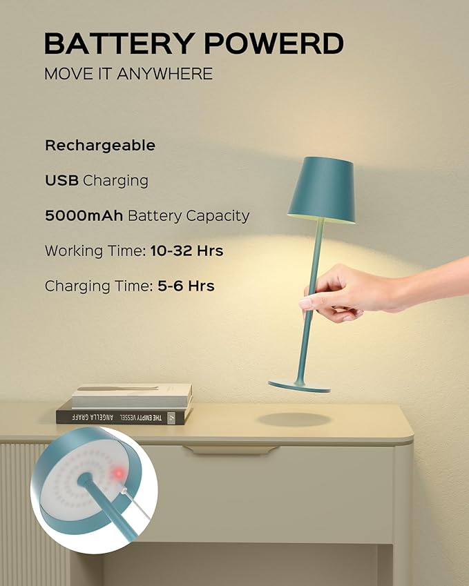 JACKYLED Cordless Table Lamps Rechargeable, 3 Adjustable Height, 5000mAh Battery Operated, 3 Colors Smooth Dimming, Portable LED Waterproof Table Lamp for Kitchen, Bedroom, Outdoor (2 Pack-Lake Blue)