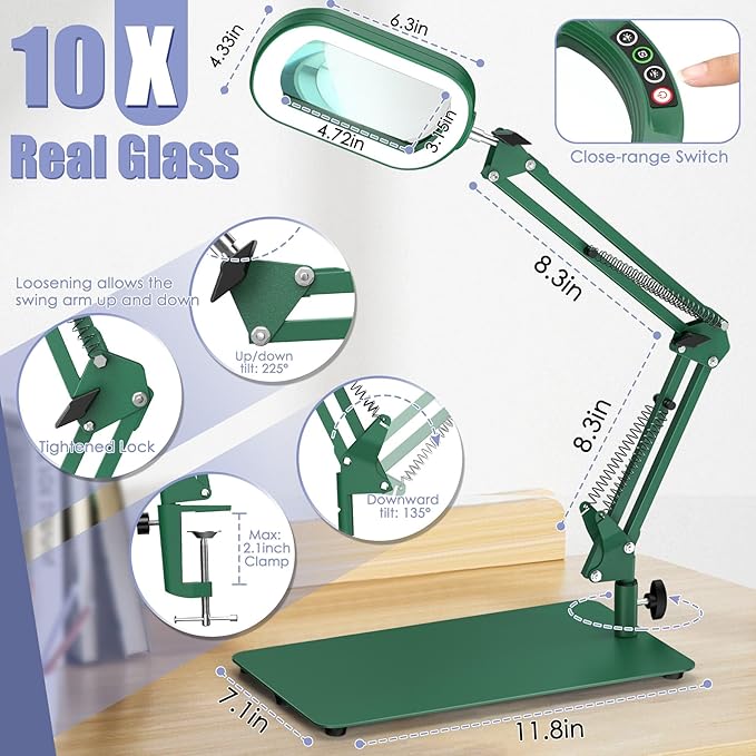 Drdefi 10X Square Magnifying Glass with Light and Stand, Real Glass LED Lighted Magnifier, 5 Color Modes Stepless Dimmable, Hands-Free Mag Desk Lamp with Clamp for Reading Craft Hobby Close Work Green