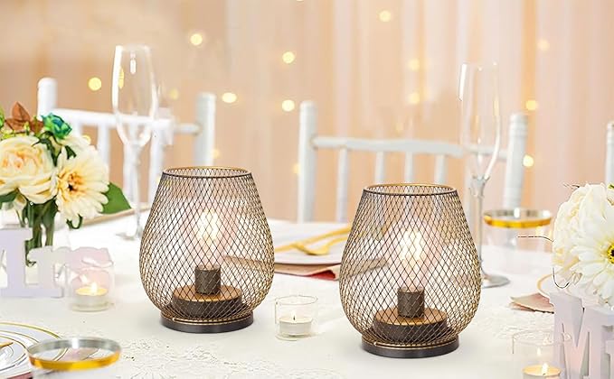 Set of 6 Battery Operated Lamp LED Table Lantern, Golden Metal Cage Cordless Lamps with LED Bulb, Vintage Decorative Outdoor Lantern for Weddings, Party, Patio, Events for Indoors Shelf Decor
