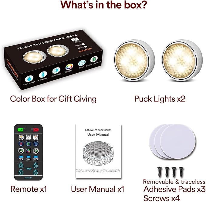 TECOMLIGHT LED Puck Lights with Remote Control, Battery Operated Wireless Closet Light, Under Cabinet Lights Stick on Tap Light, Color Changing Under Counter Light for Kitchen, 2 Pack - White