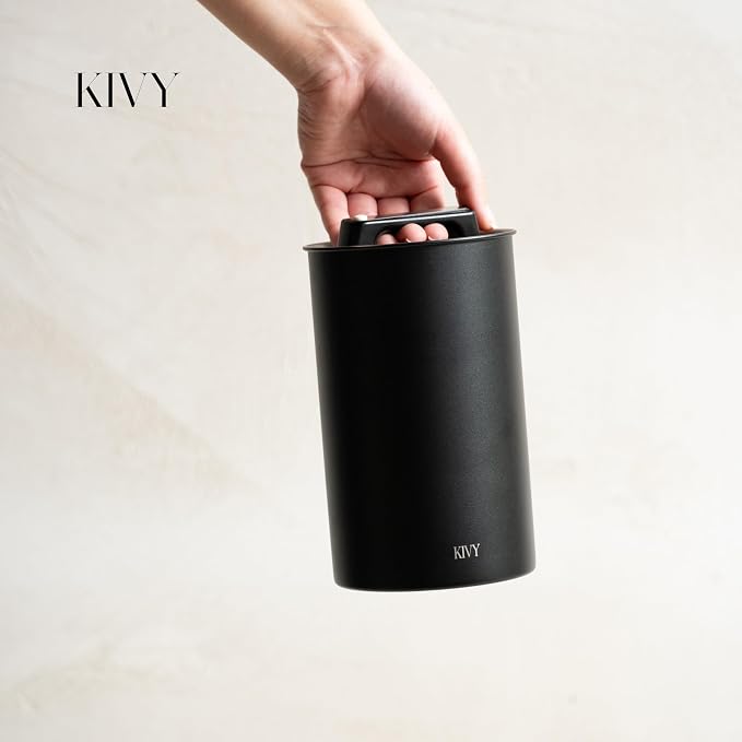 KIVY Vacuum Coffee Canister - Push Lid Preserves Aroma & Oil - Stainless Steel Airtight Container for Ground & Bean Storage - Removes Excess Air