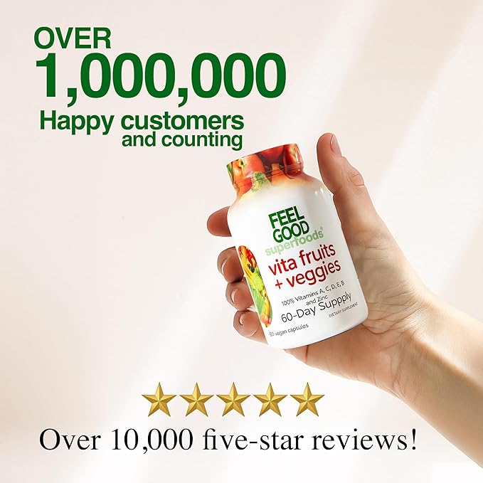 FeelGood Superfoods ヴィータフルーツ&ベジタブルカプセル - 25種類のスーパーフード成分、フルーツと野菜のマルチビタミン、60粒入り - 男女兼用 - ビタミンA、C、D、E、B群、亜鉛配合
