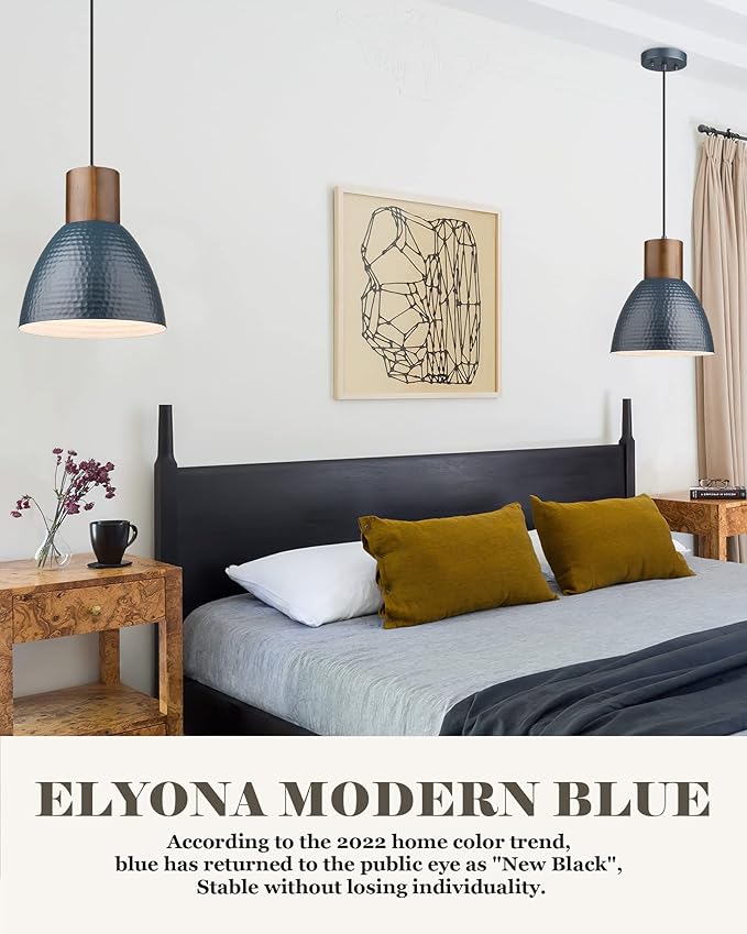 ELYONA 3 Pack Hammered Pendant Lights 7” Small Metal Solid Wood Hanging Light Fixtures Adjustable Height Industrial Pendant Lighting for Kitchen Island Dining Room Bedroom Bar Office, Modern Blue