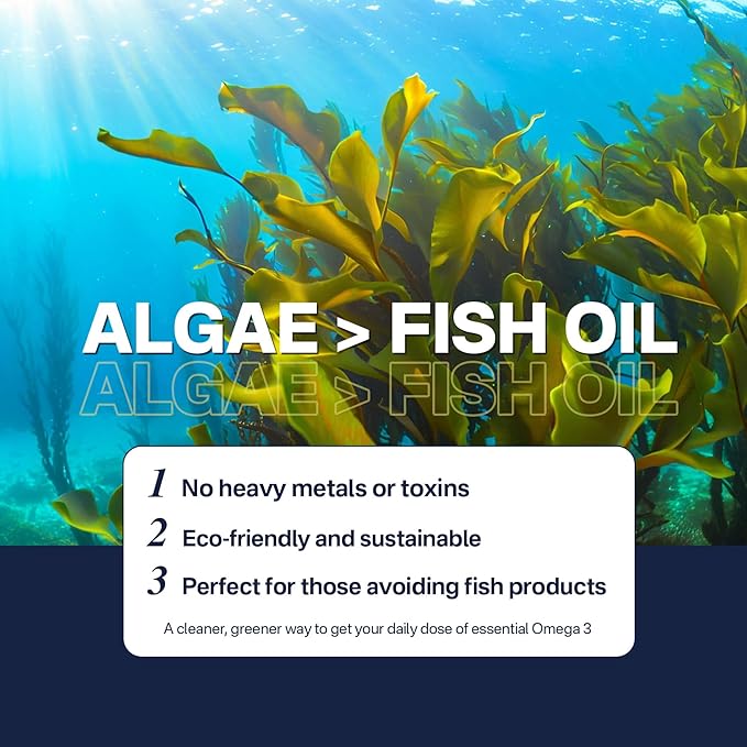 Vegan Omega 3 Supplement, Plant-Based Omega 3 DHA EPA w/Methylated B12, B6, B9, Vitamin E, Bacopa Monnieri, Ginkgo Biloba, 120cts Algae Oil Omega-3 Supplement for Brain, No Fish Taste, Non GMO, 1Pack
