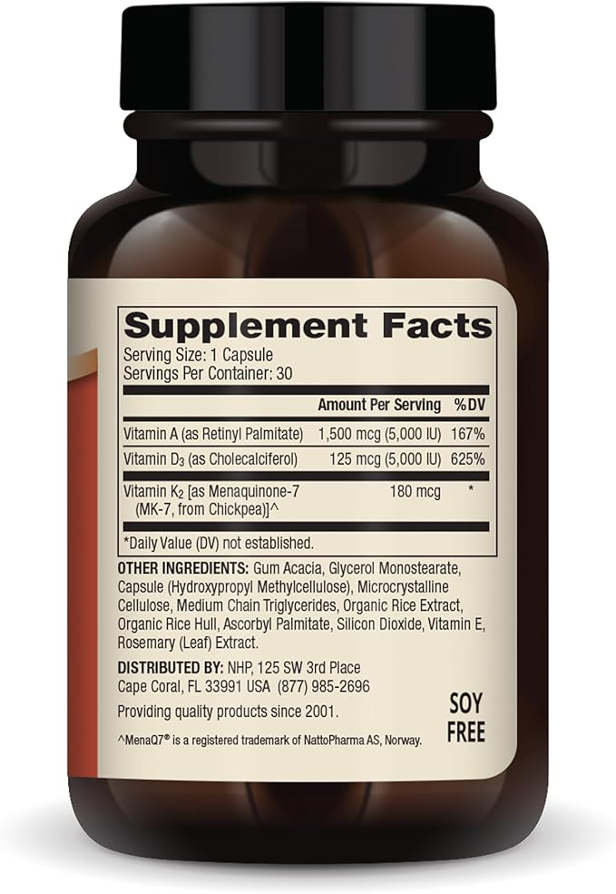 Dr. Mercola Vitamines ADK, 30 portions (30 gélules), Complément alimentaire, 5000 UI Vitamine A et Vitamine D3, 180 mcg Vitamine K2, Soutient la santé immunitaire, Sans OGM