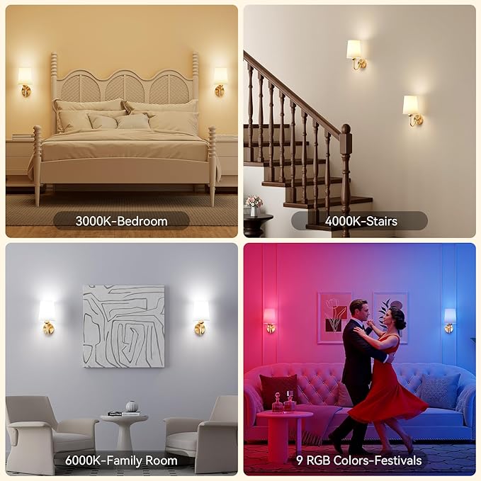 Ouyulong Battery Operated Wall Sconces Set of 2, Wireless Rechargeable Dimmable Wall Light with RGB Bulb and Remote for Bedroom, Living Room, Hallway (Gold)