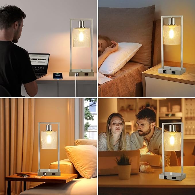 16" Desk Lamps for Home Office, Bedside Lamps with USB C+A Ports and Outlet, Nickel Fully Stepless Dimmable Industrial Table Lamps with Seeded Glass Shade for Reading Living Room, LED Bulbs Included