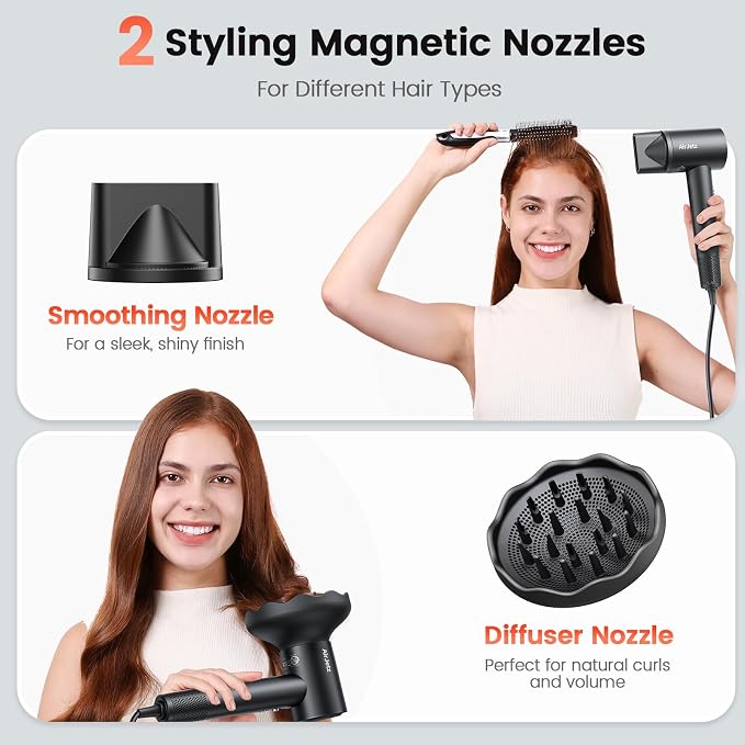 Hair Dryer, 160,000 RPM High-Speed Ionic Blow Dryer for Fast Drying, Professional Lightweight Hairdryer with Diffuser, Magnetic Nozzle, 4 Temps & 2 Speeds, Low Noise for Travel - Black