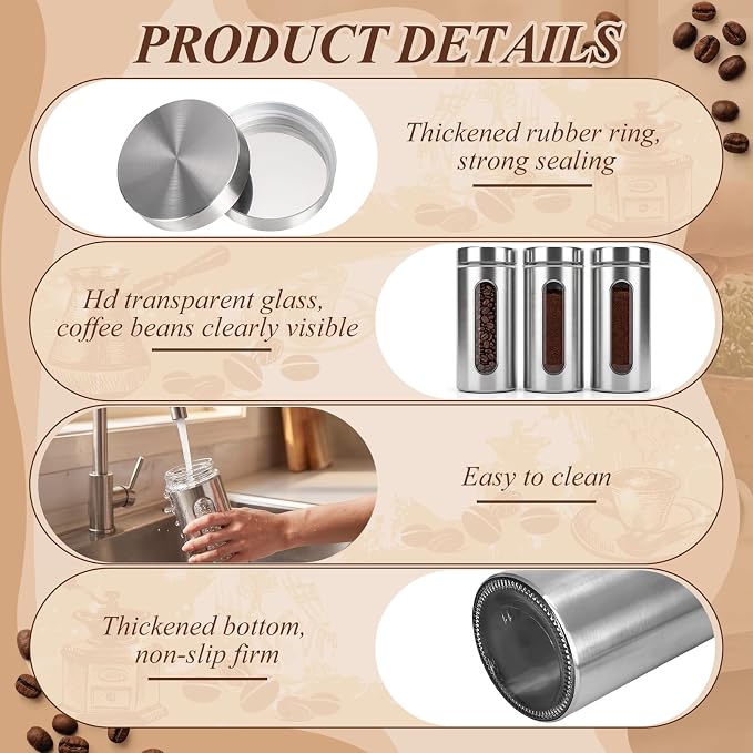 Suclain Stainless Steel Coffee Grounds Canisters with Shelf 3 x 50oz Sugar Coffee Bean Storage Container Airtight Threaded Lid Glass Window Scoop Kitchen Jar Set(Upgrade Style, 15.35 x 5 x 2.76'')