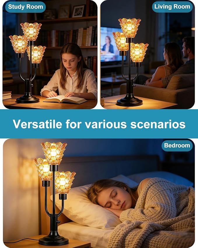 Glass Vintage Table Lamp Dimmable Nightstand Lamp Mid Century Modern Black Desk Lamp Brown Glass 3 Bulbs Included Warmwhite Ambient Bedside Lamps for Living Room Bedroom Office Home Decor