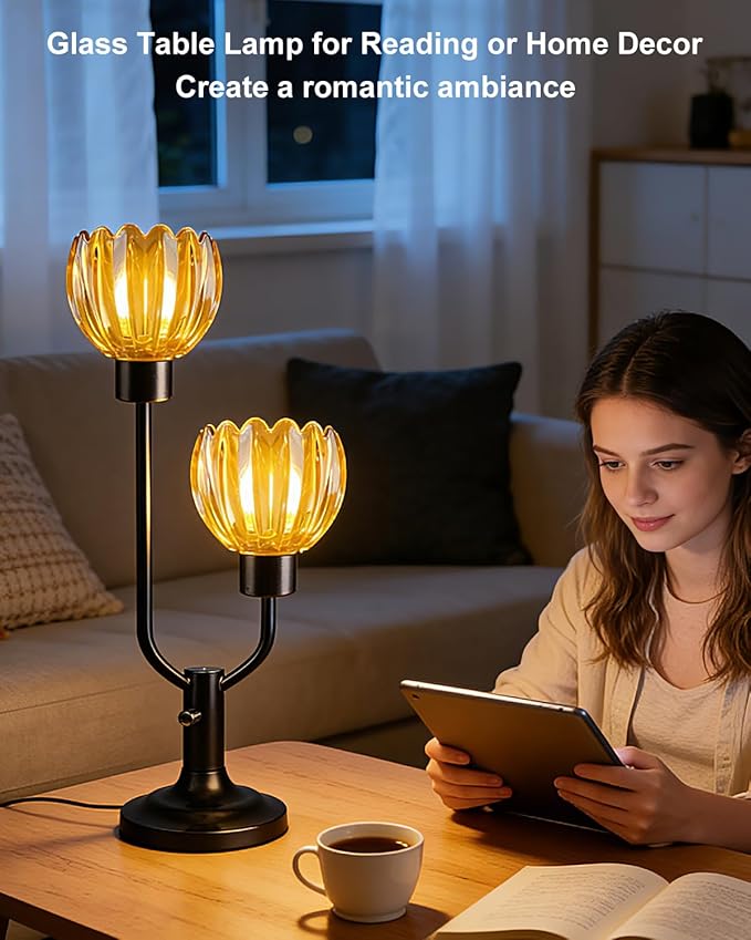 Lightdot Mid Century Modern Flower Table Lamp for Bedroom Dimmable Nightstand Lamp Amber Glass Vintage Black Desk Lamp 2 Bulbs Included Warmwhite Ambient Bedside Lamp for Living Room Home Office Decor