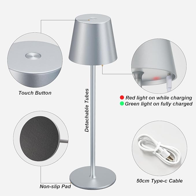 Kakanuo Cordless Table Lamp Rechargeable - Silver Grey 2 Pack 5000mAH Battery Operated Lamp for Counter, 3 Color Stepless Dimming Wireless Lamp for Dining Kitchen, Outdoor Patio, Touch Control
