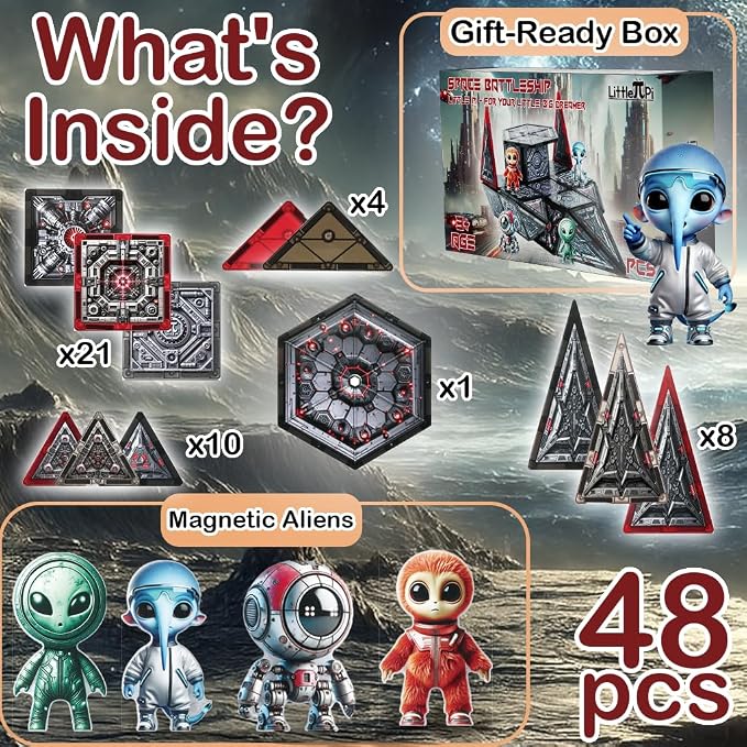 Little Pi Space Battleship Magnetic Tiles | Magnetic Blocks for Star Inspired Galactic Building | STEM Toys for Kids Age 3 4 5 6 7 8