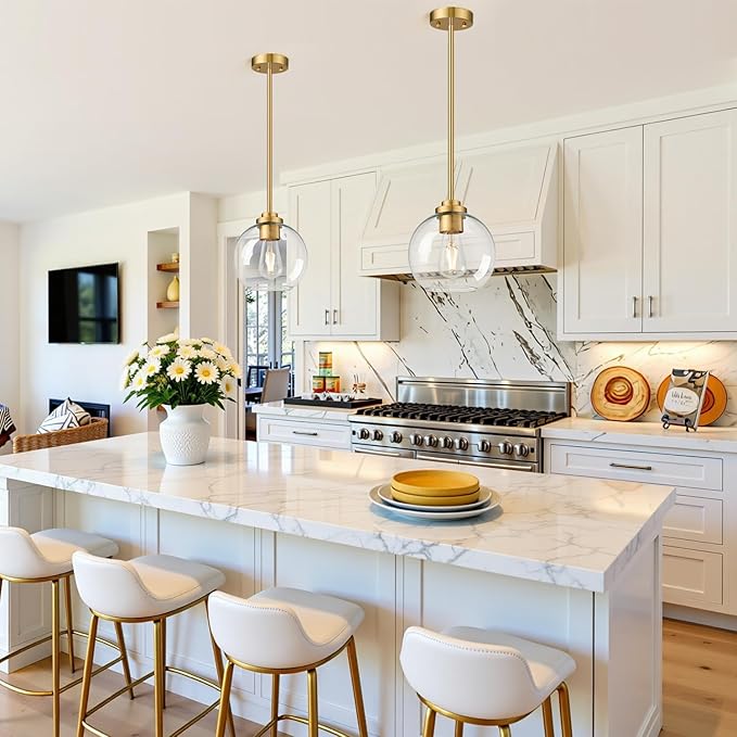 1 Pack 22"-50" Height Adjustable Glass Pendant Lights Kitchen Island, Globe Brushed Gold Pendant Lights with Clear Glass Shade, Mid Century Pendant Light Fixtures Kitchen Pendant Lighting over Island