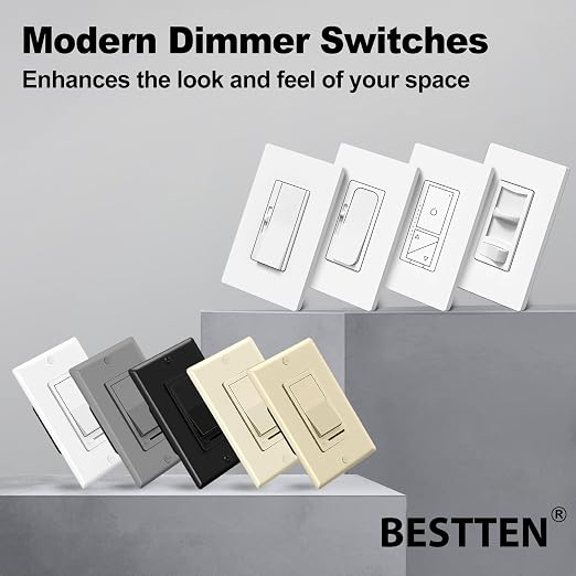 BESTTEN 10 Pack Dimmer Light Switch, Single Pole or 3-Way, Slide Dimmer Switches, Compatible with Dimmable LED, CFL, Incandescent and Halogen Bulb, Neutral Wire Not Required, 120VAC, UL Listed, White