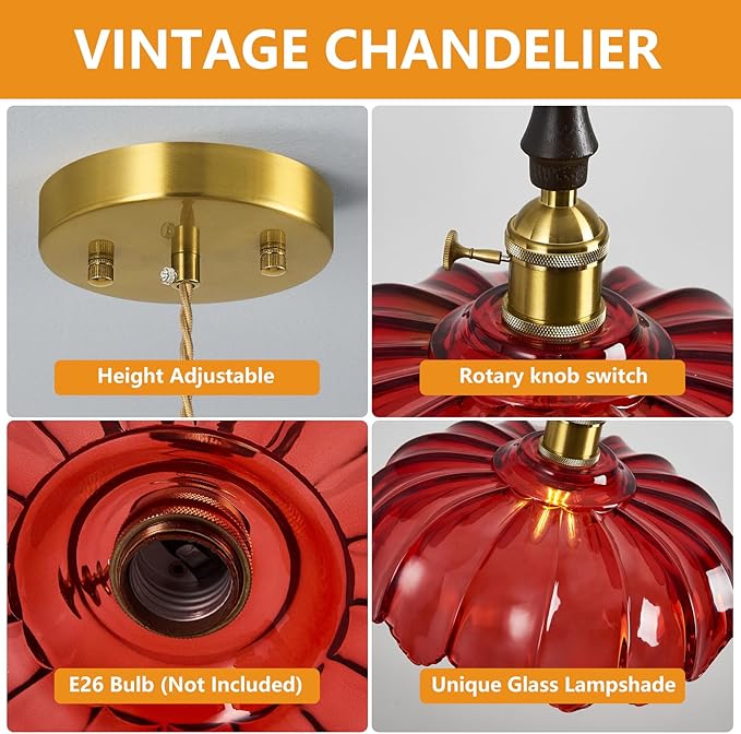 Modern Red Glass Pendant Light Retro Flower Glass Hanging Lamp Gold Brass Decorative Adjustable Ceiling Hanging Light Suitable for Kitchen Island Bedroom Dining Room Living Room