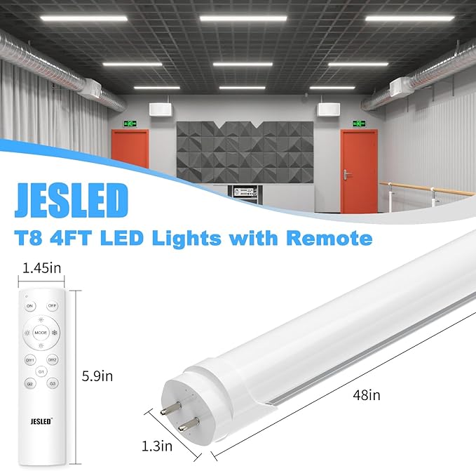 JESLED T8 Dimmable LED Tube Lights with Remote, Type B, 3200LM, 24W, 6 Colors 3000K | 3500K | 4000K | 5000K | 6000K | 6500K, 4 Foot Fluorescent Bulbs Replacement, Ballast Bypass, Dual-Ended, 4-Pack