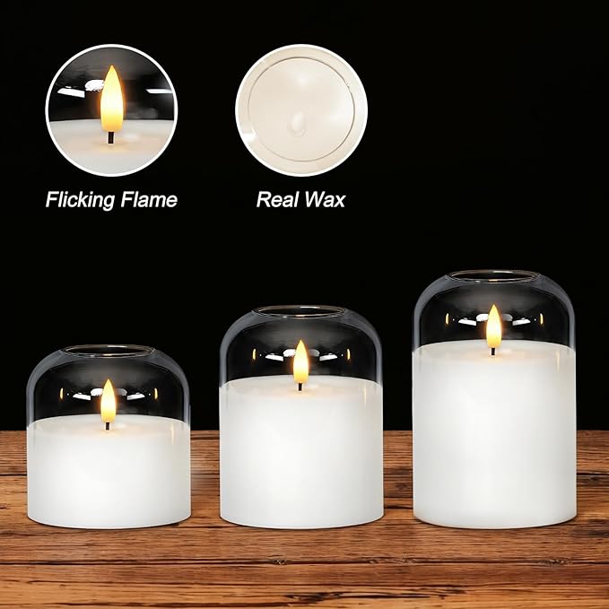 Homemory Glass Flameless Candles, Battery Operated Plliar Candles Realistic Flickering, LED Electric Light with Remote and Timer for Home, Christmas Decoration, White, Set of 3