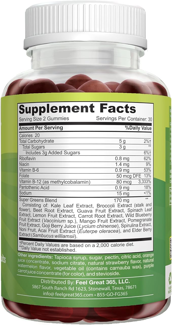 Feel Great Super Green Gummies pour enfants | Bonbons gélifiés aux fruits et légumes | Multivitamine gélifiée végétalienne pour enfants | Supplément de fibres végétales | 60 unités