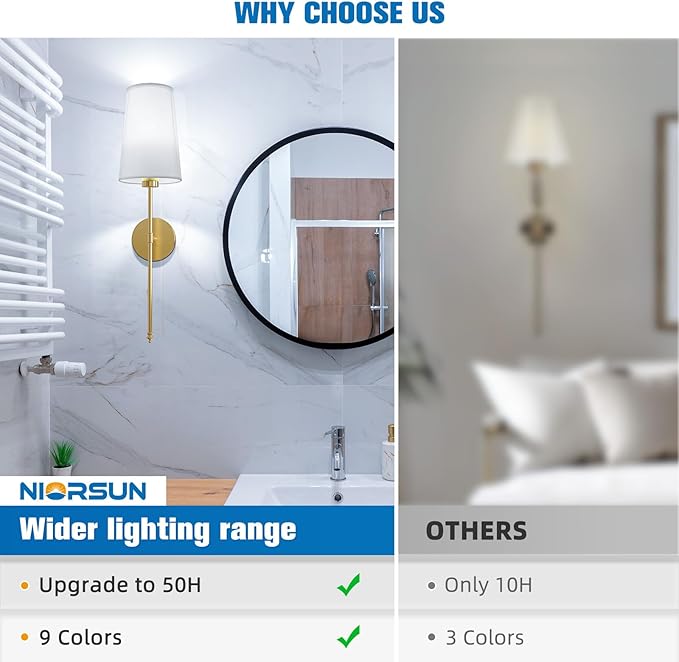 NIORSUN Gold Battery Operated Wall Sconce Set of 2,Rechargeable Wall Lights with 10400mAh Dimmable Detachable Bulbs and Remote,9 Colors Wireless Sconces for Bedroom Living Room Hallway
