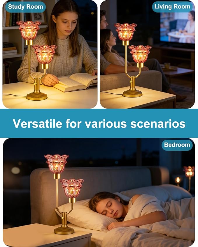 Lightdot Mid Century Modern Flower Table Lamp Dimmable Nightstand Lamp Red Glass Vintage Gold Desk Lamp 2 Bulbs Included Warmwhite Ambient Bedside Lamps for Living Room Bedroom Home Office Decor Gift
