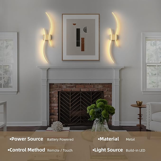 Battery Operated Wall Sconce Set of Two, Dimmable Modern LED Rechargeable Wall Light with Remote Control, Wall Decor for Living Room