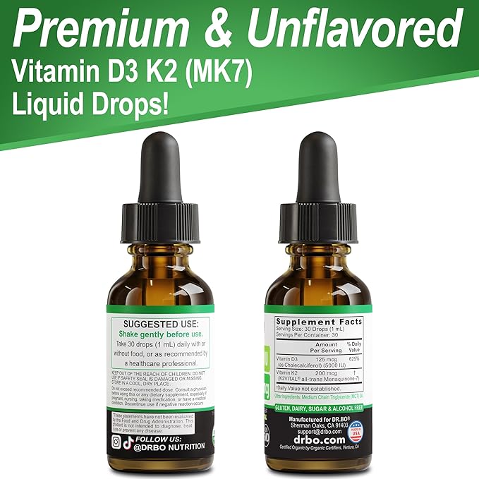 Vitamine D3 K2 Gouttes Liquides - Complément Liquide Bio D3K2 Vitamine D3 K2 Huile TCM pour Adultes & Enfants, Absorption du Calcium Os Solides - Compléments Vit D et K 5000 UI, Vitamines D + K MK7 30 ml