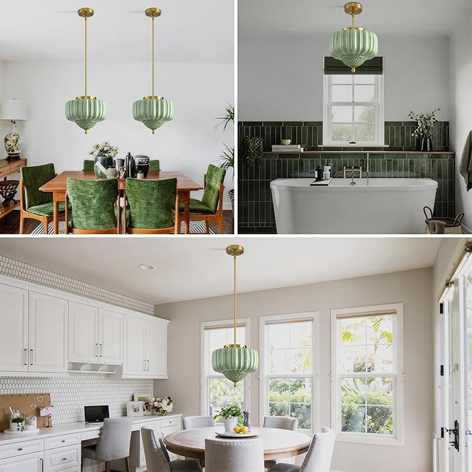 Green Glass Pendant Light, 11.8 inch Pendant Light Fixture with Floral lampshade, Height Adjustable Brushed Gold Vintage Hanging Lamp for Dining Room Kitchen Island Bedroom Living Room Entryway