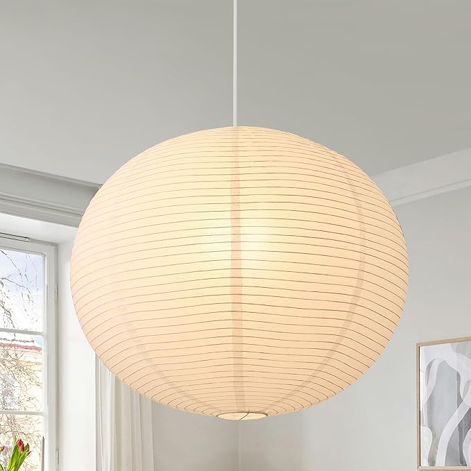 Large Rice Paper Pendant Light Kit, 20in White Globe Paper Lantern Lights, E26 Base, Japanese Hanging Lantern Lamp Japandi Chandelier for Dining Room Bedroom Office Living Room