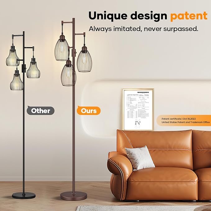 Nintiue Dimmable Floor Lamp,3x800LM LED Bulbs Included, Farmhouse Industrial Floor Lamp Standing Tree Lamp with Teardrop Cage Head Tall Lamp for Living Room Bedroom Office Dining Room - Matte Brown
