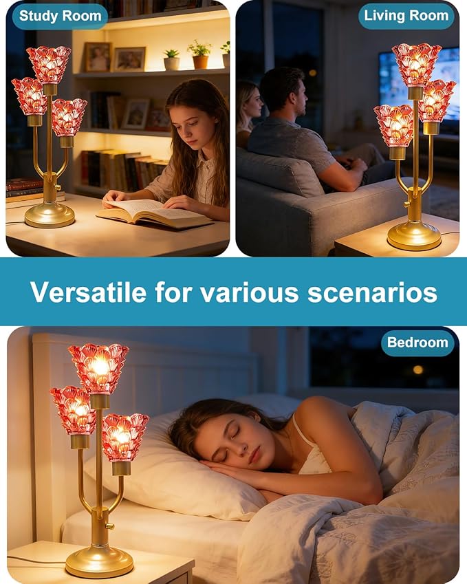 Mid Century Modern Table Lamp Dimmable Nightstand Lamp Red Glass Gold Vintage Desk Lamp 3 Bulbs Included Warmwhite Ambient Bedside Lamps for Living Room Bedroom End Table Office Home Decor