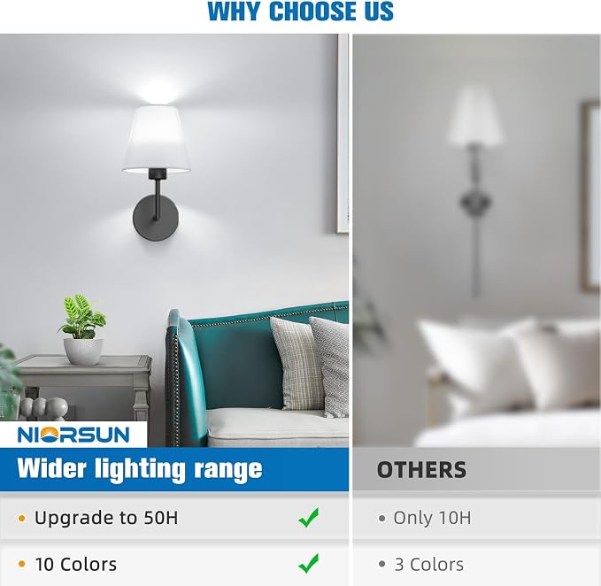 NIORSUN 13.8 inch Battery Operated Wall Sconce Set of 2,Black Rechargeable Wall Lights with 10400mAh Dimmable Detachable Bulbs and Remote,9 Colors Wireless Sconces for Bedroom Living Room Hallway
