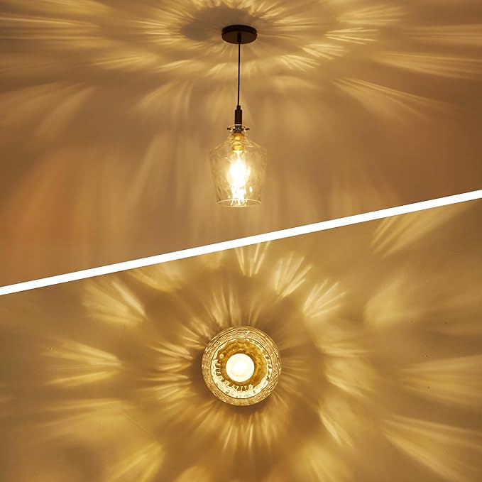 Modern Hammered Glass Pendant Lighting for Kitchen Island 1 Pack, Farmhouse Black and Gold Pendant Light Fixtures, Height Adjustable Ceiling Pendant Light, 8 Inch