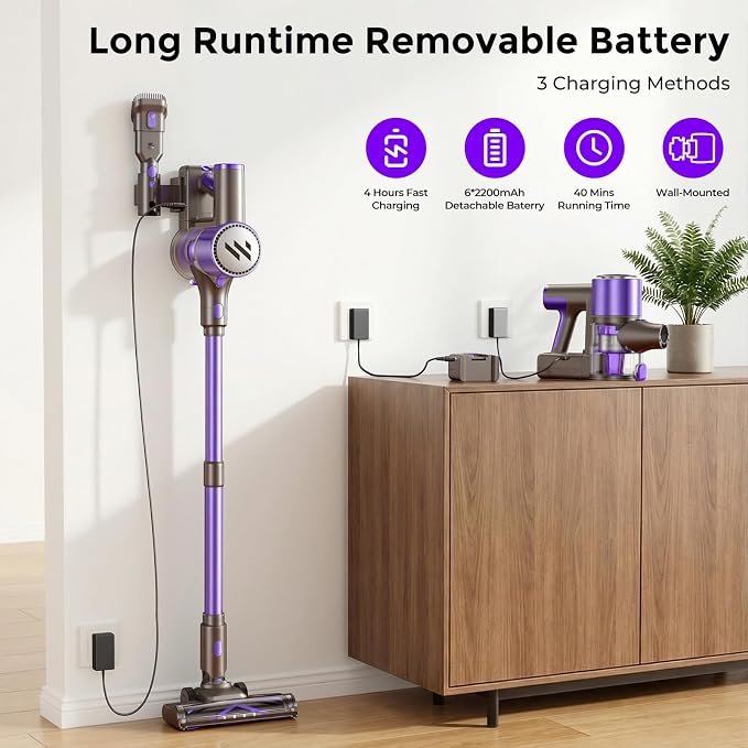 WLOTPO Vacuum Cleaners for Home,Cordless Vacuum Cleaner,Lightweight Stick Vacuum Cordless Rechargeable,Self-Standing Design,LED Touch Screen,Vacuum for Hardwood Floors,Carpet,Pet Hair(Blue Purple)