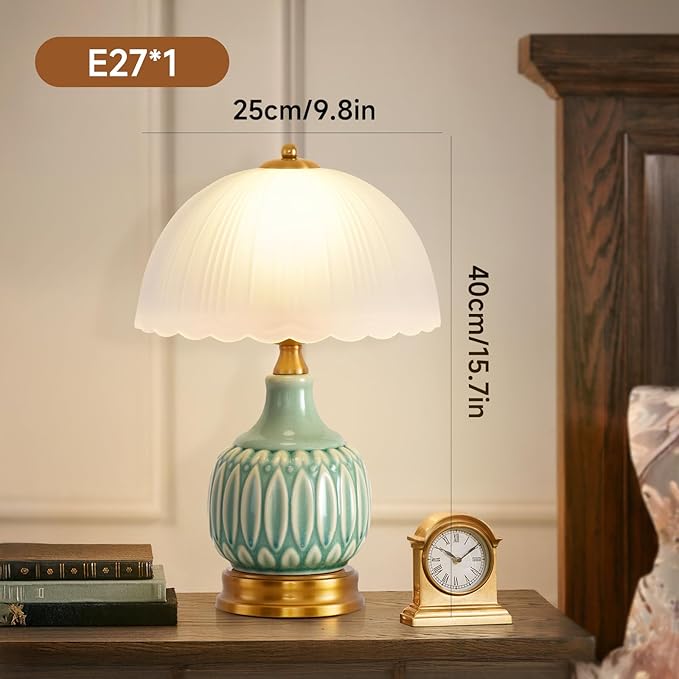 Table Lamps Ceramic Retro Lamp for Living Room,15.7" Modern Bedside Nightstand Traditional Lamps, Classic Chinoiserie Green Glass Lamp for Home (Retro)
