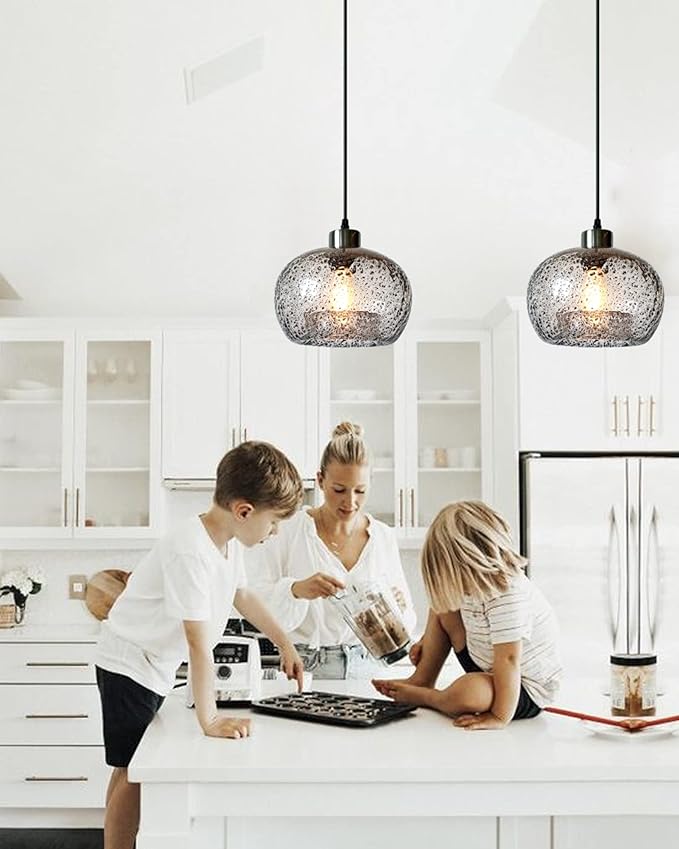 CASAMOTION Hand Blown Clear Glass Pendant Lights with Black Marble, Modern Rustic Kitchen Island Ceiling Hanging Light Fixtures for Dining Room Table Bedroom, Oval Globe 8.7 Inch Diameter, 2 Pack
