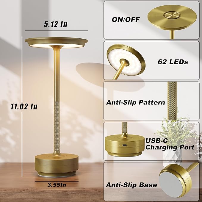 TBBGA 2 Pack Rechargeable Cordless Table Lamps, Portable 5000mAh Battery Table Light, 3 Color Stepless Dimming LED Table Light with Memory Function, for Outdoor/Dinner/Patio/Restaurant.(Gold)