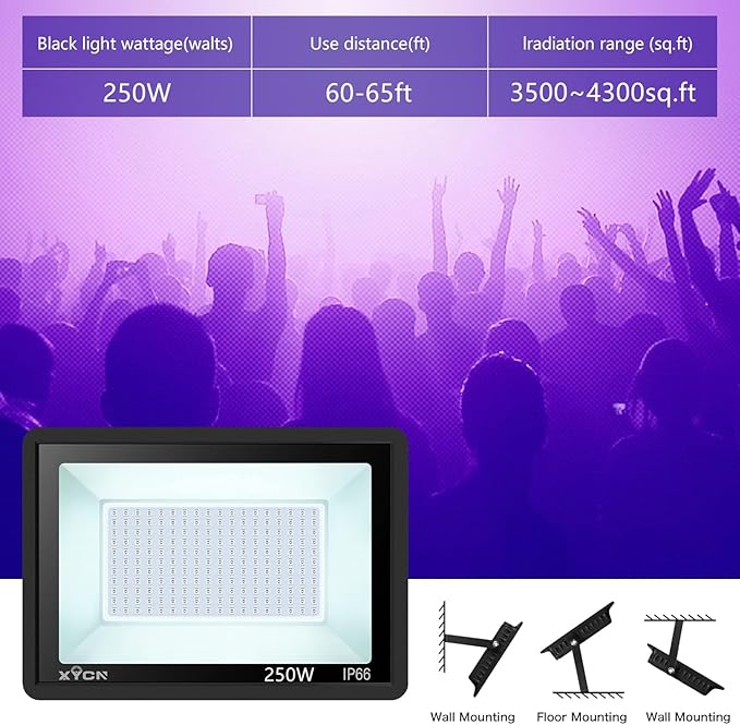 XYCN 4 Pack 250W LED Flood Black Lights,395nm to 405nm UV Outdoor Flood High Power Blacklight Light with Plug in, IP66 Waterproof Large Black Light Spotlight for Glow Party Large Space, Halloween