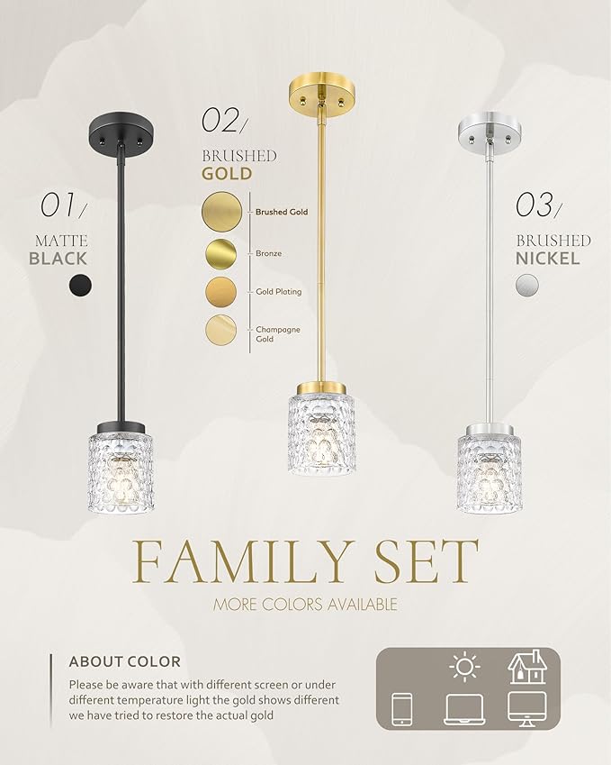 FEMILA 4" Black Pendant Light, Hammered Glass Chandelier, Dining Room Light Fixtures Over Table, 4FY86MIL-3PK BK