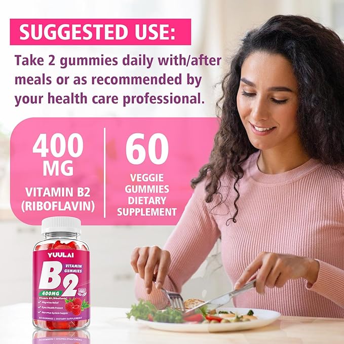 Paquet de Gommes de Vitamine B2 400mg | Supplément de Riboflavine avec Magnésium pour Enfants et Adultes, Gommes B2 pour le Soulagement de la Migraine, la Santé du Système Nerveux et de la Peau, Végétalien, Sans Sucre, Saveur Framboise, 120 Unités