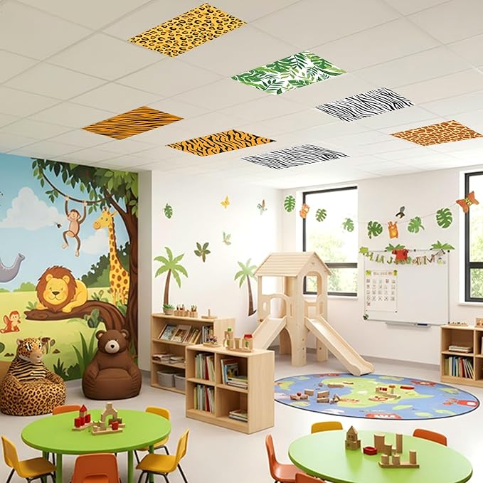 8Pcs Safari Animal Fluorescent Light Covers for Classroom Colorful Ceiling Light 4x2Ft Magnetic Lights Cover Filter Easy Install for Back to School Office Hospital Ceiling Supply (Jungle Animal)