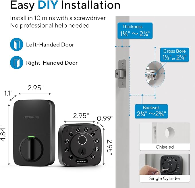 ULTRALOQ Bolt Fingerprint Smart Lock with Door Sensor, Built-in WiFi, Works with Apple Home, Alexa, Google, SmartThings, Keyless Entry Deadbolt with App, Code, Remote Control, Auto Unlock, Auto-Lock