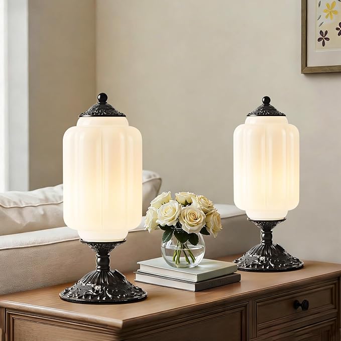Milk Glass Table Lamp, Touch Control with USB Charging Port Vintage Bedside Desk Lamp Stepless Dimming for Bedroom Living Room Nightstand Led Bulbs Included (White)